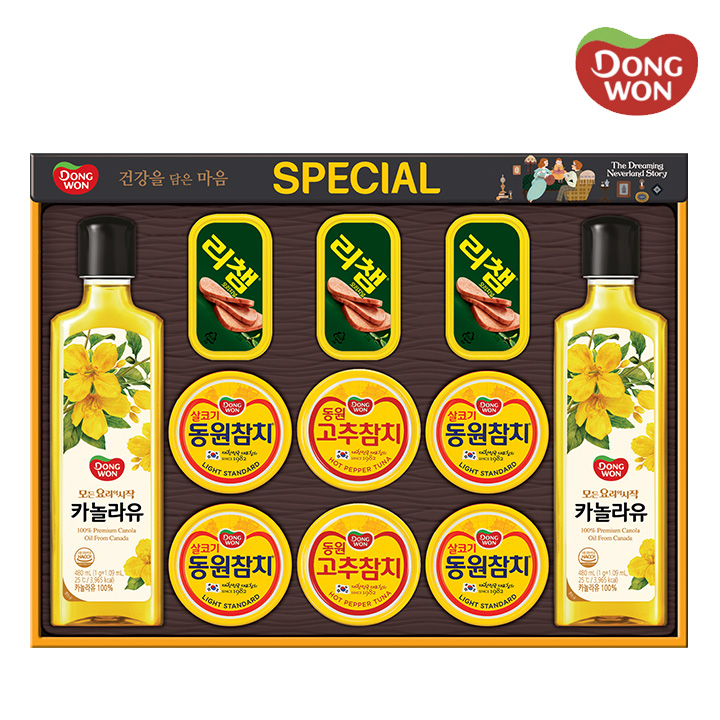 [동원] 스페셜 O-87호 라이트스탠다드 85g 4캔 + 고추참치 85g 2캔 +리챔 오리지널 120g 3캔 + 카놀라유 480ml 2병