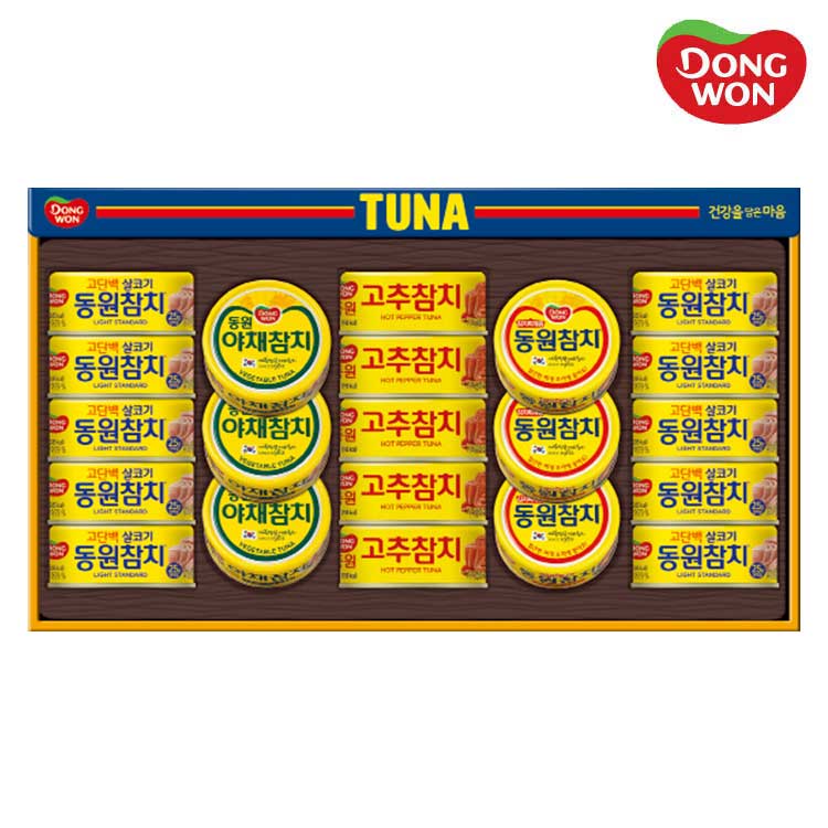[동원선물세트] 동원참치 T21호 (라이트스탠다드 135g 10캔 + 고추참치 135g 5캔 + 
야채참치 135g 3캔 + 김치찌개용참치 135g 3캔)