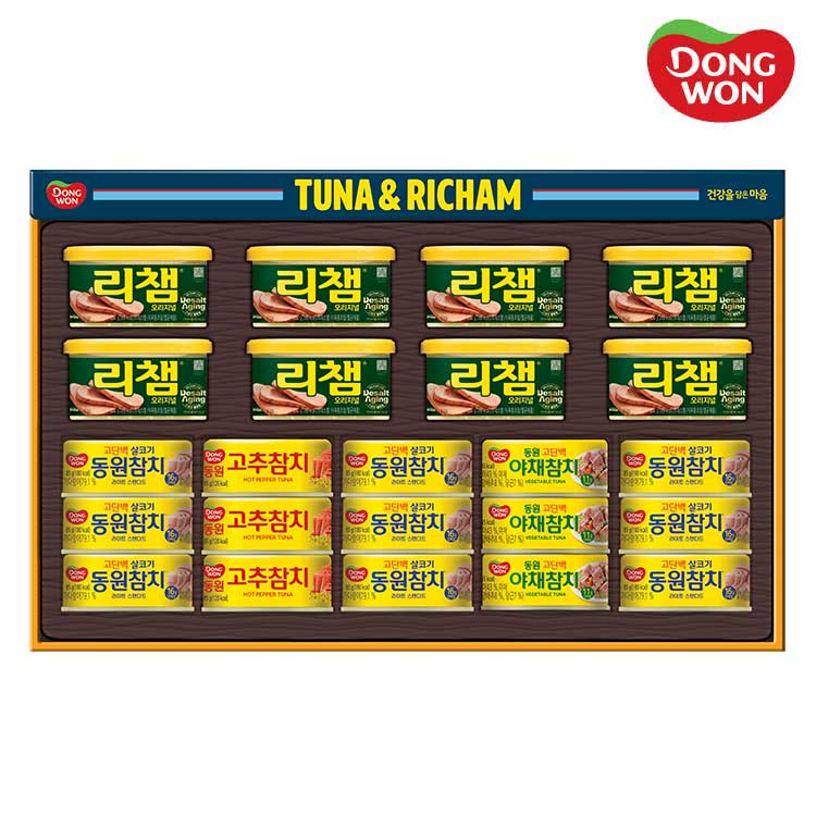 [동원선물세트] 튜나리챔 O-8호 (라이트스탠다드 85g 9캔 + 고추참치 85g 3캔 + 
야채참치 90g 3캔 + 리챔 오리지널 200g 8캔)