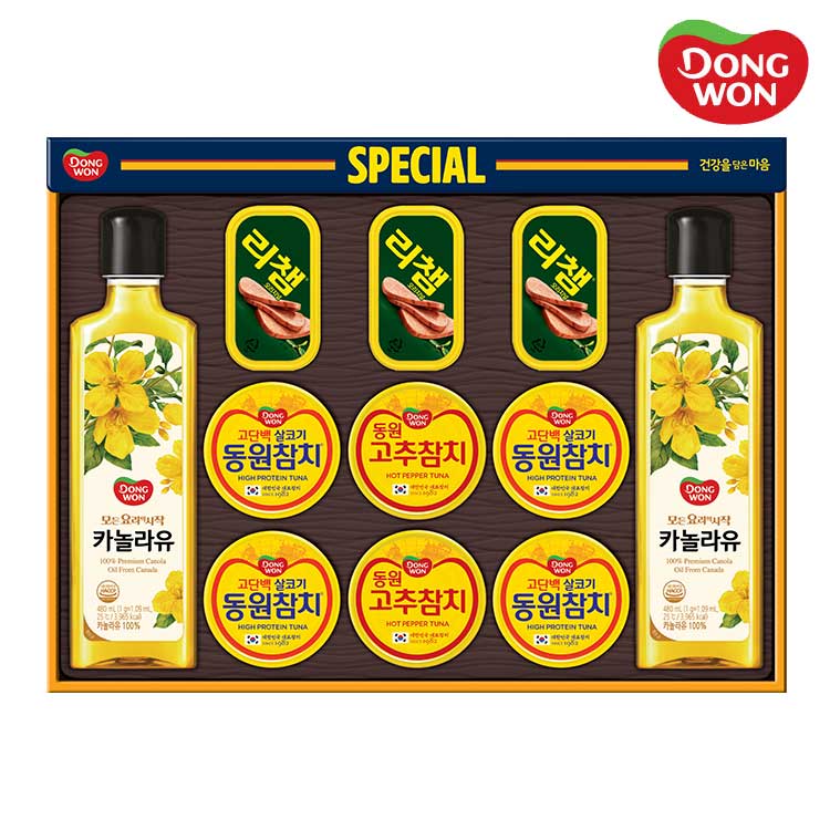 [동원선물세트] 스페셜 O-87호 (라이트스탠다드 85g 4캔 + 고추참치 85g 2캔 +리챔 오리지널 120g 3캔 + 카놀라유 480ml 2병)