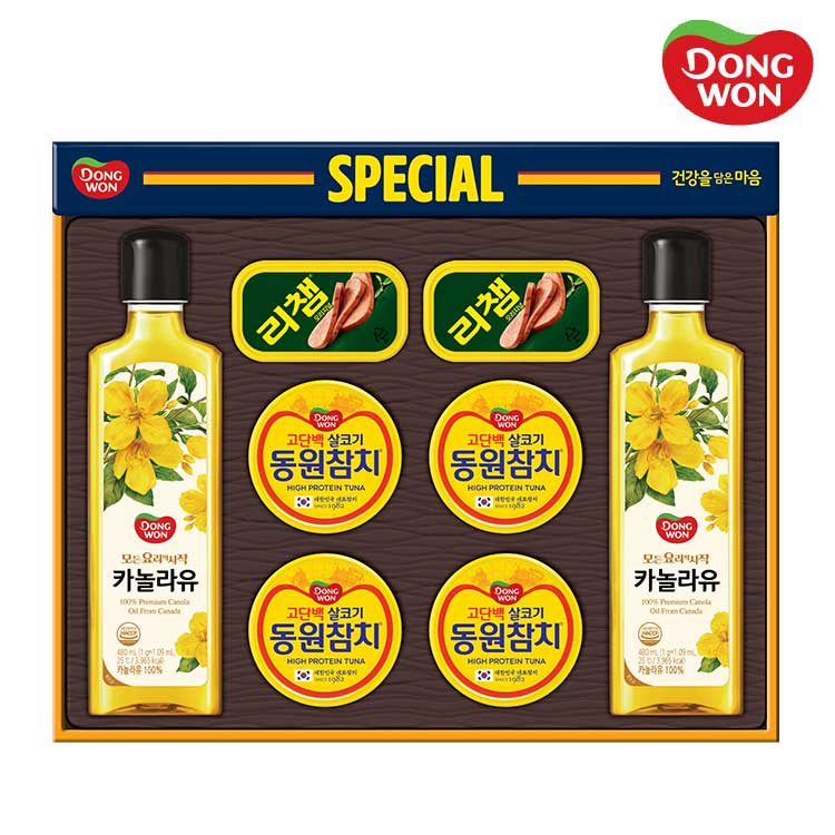 [동원선물세트] 동원참치 O-85호 (라이트스탠다드 참치 85g 4캔 + 리챔 120g 2캔 + 카놀라유 480ml 2병)