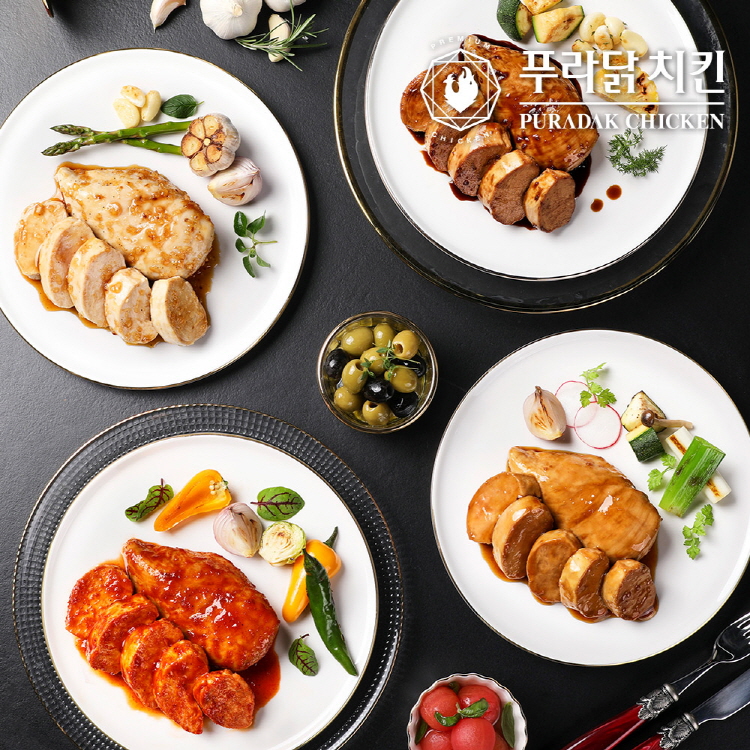 [푸라닭]  소스통 닭가슴살 100g 8팩 패키지(맛별 2팩씩) / 블랙알리오 2팩+매드갈릭 2팩+파불로 2팩+매콤악마 2팩